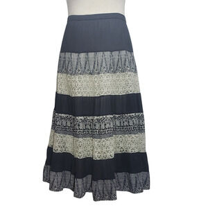 Hannah Boho Tiered Maxi Skirt M – Navy Cotton Block Print India Made